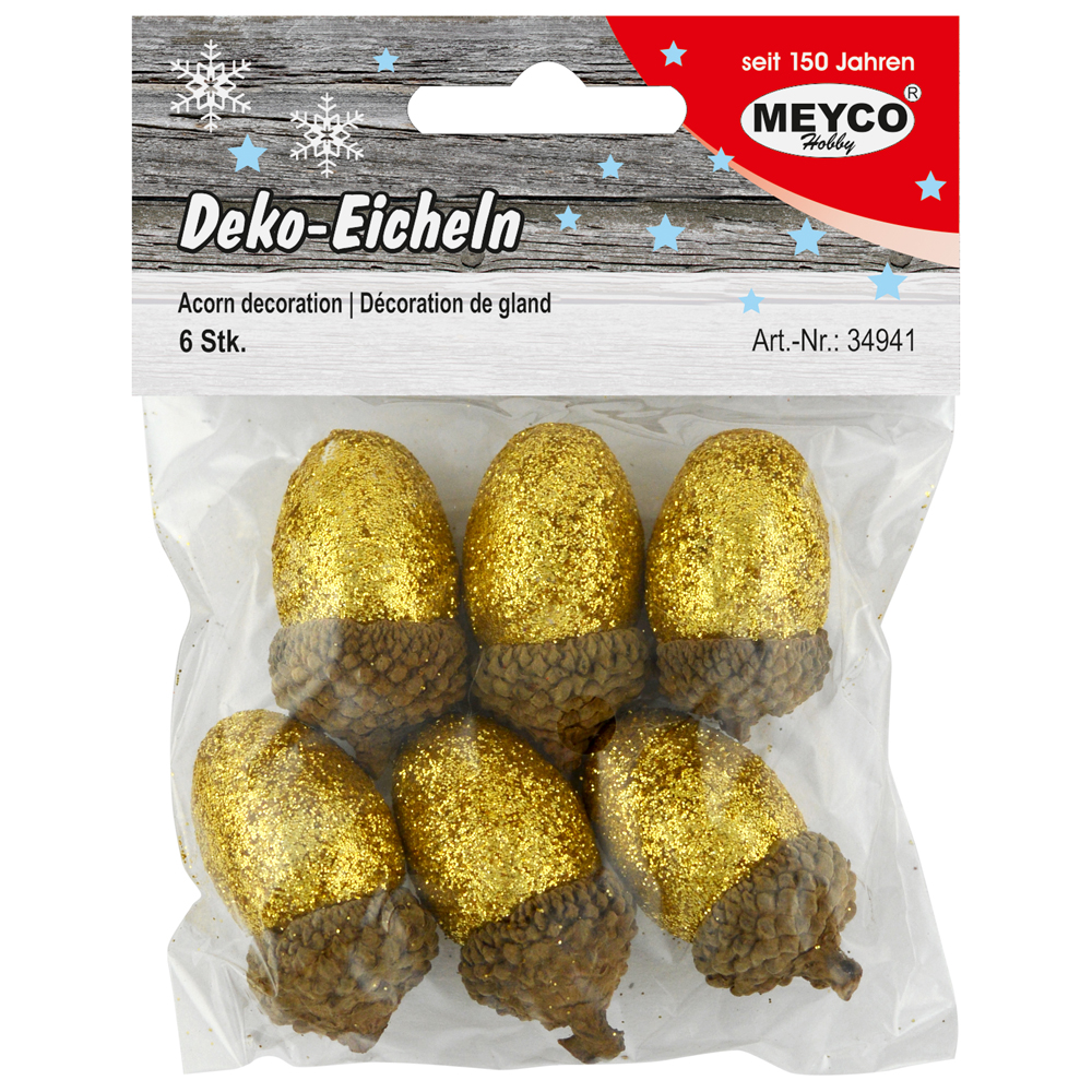 Eichel, 2x3,5 cm, 6 Stück/Beutel, gold glitter