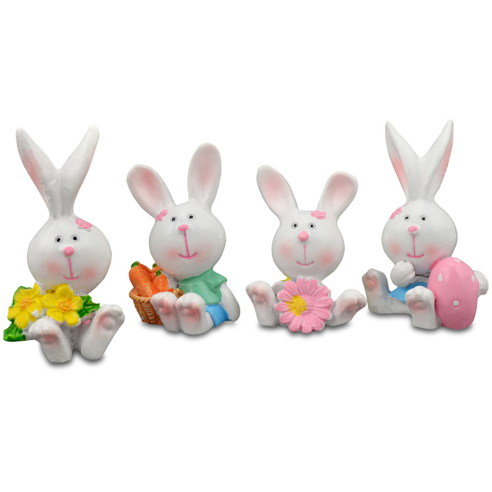 Dekofigur Miniatur Hasen mit Blume, Möhre und Ei
