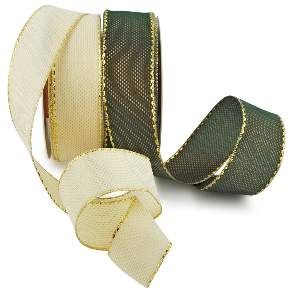 Textilband mit Draht. 40 mm/25 m, creme/gold